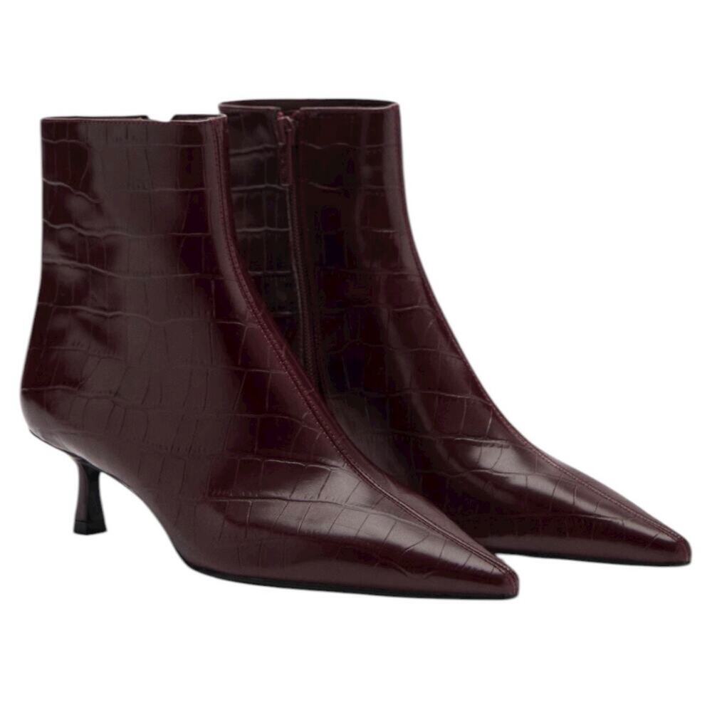 Mango Croc-Embossed Pointed Toe Ankle Boots in Dark Burgundy
